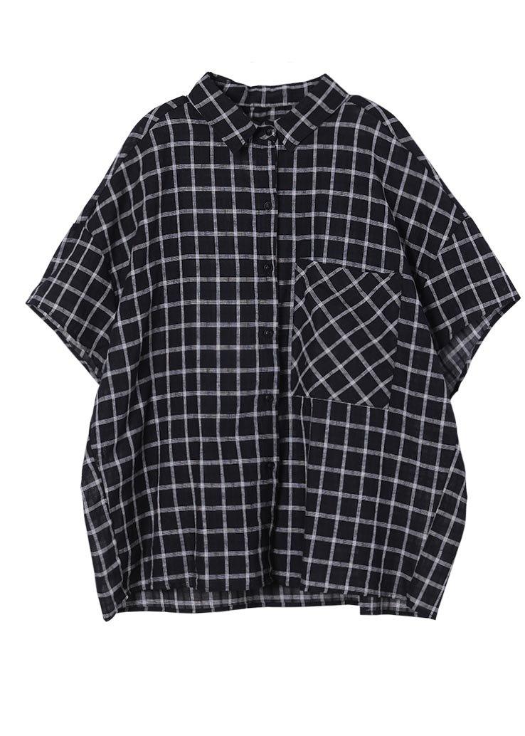 Plus Size Black Plaid Summer Cotton Button Half Sleeve Loose Tops - Omychic