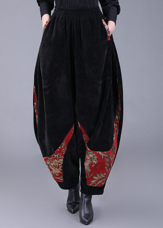 Plus Size Black Pockets Embroideried Corduroy Lantern Pants Fall