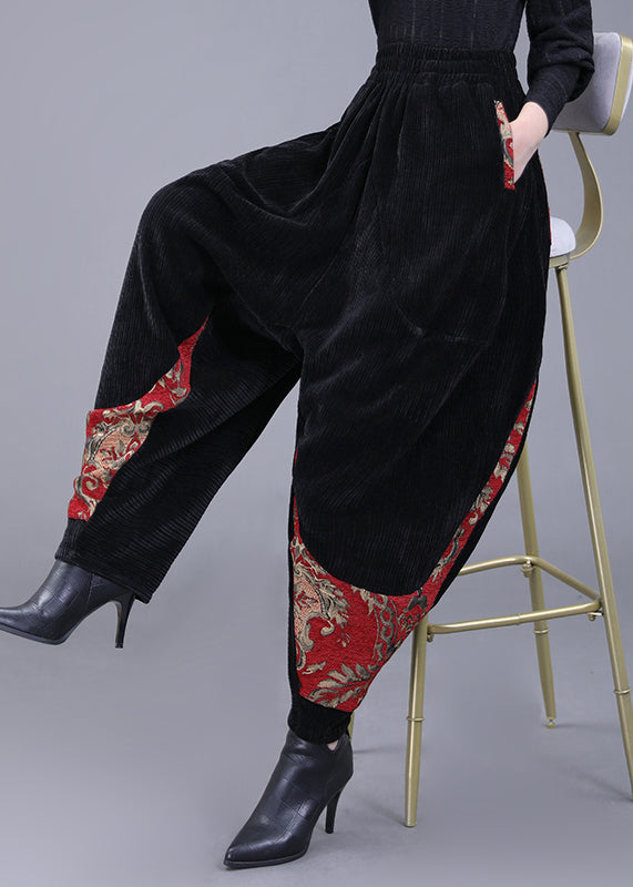 Plus Size Black Pockets Embroideried Corduroy Lantern Pants Fall