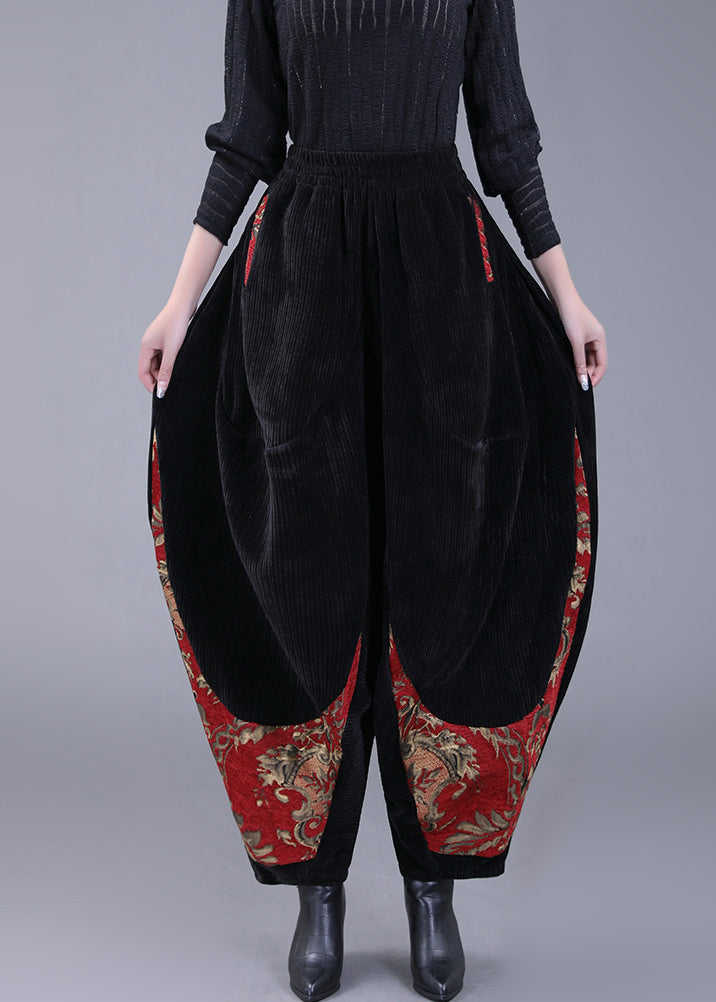 Plus Size Black Pockets Embroideried Corduroy Lantern Pants Fall