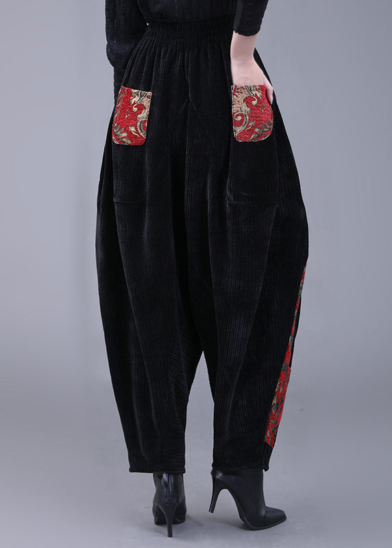 Plus Size Black Pockets Embroideried Corduroy Lantern Pants Fall