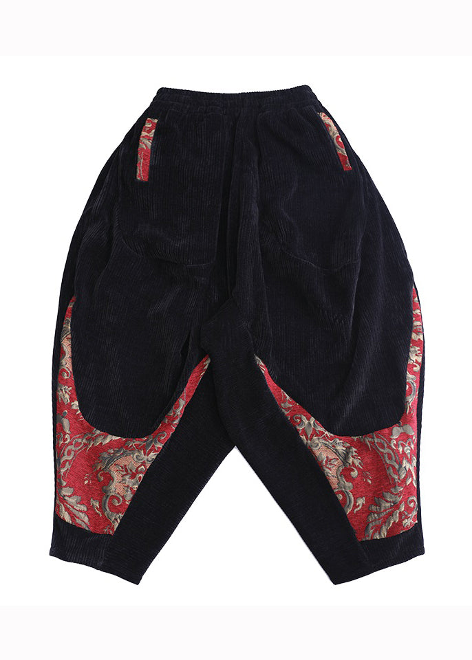 Plus Size Black Pockets Embroideried Corduroy Lantern Pants Fall