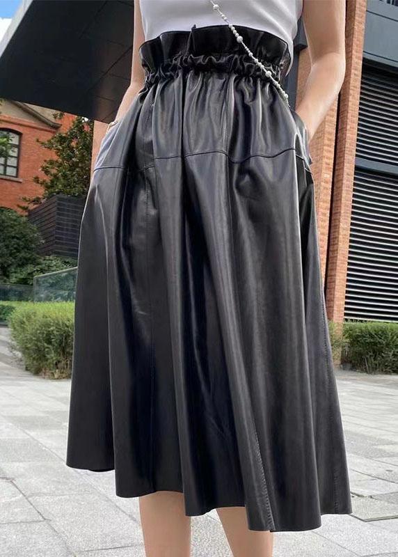 Plus Size Black Pockets wrinkled Patchwork Sheepskin Fall Skirt - Omychic