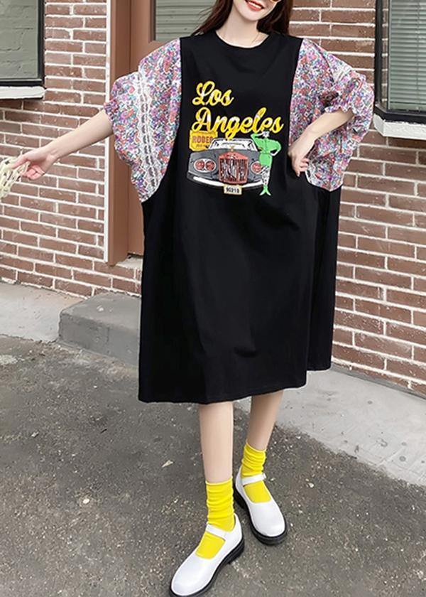 Plus Size Black Print Patchwork O-Neck Long Summer Cotton Dress - Omychic