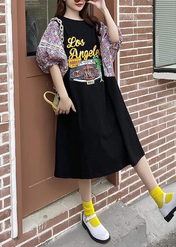 Plus Size Black Print Patchwork O-Neck Long Summer Cotton Dress - Omychic