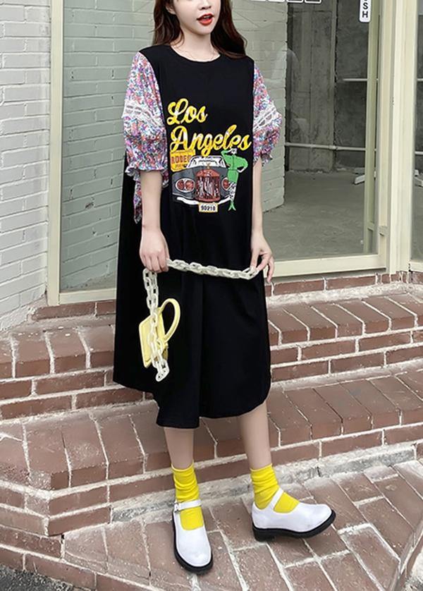 Plus Size Black Print Patchwork O-Neck Long Summer Cotton Dress - Omychic