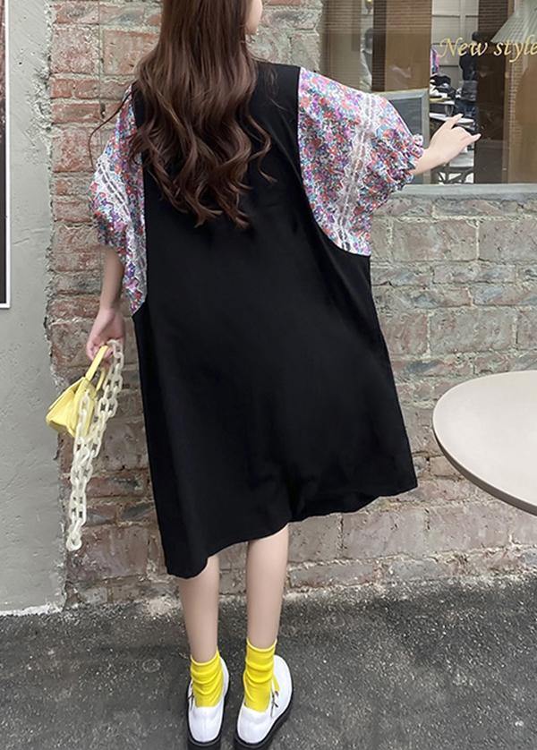 Plus Size Black Print Patchwork O-Neck Long Summer Cotton Dress - Omychic