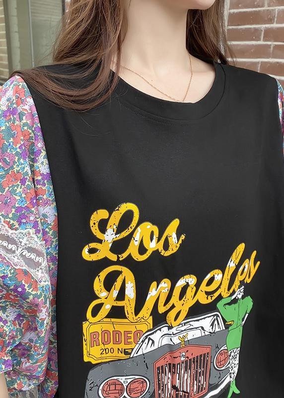 Plus Size Black Print Patchwork O-Neck Long Summer Cotton Dress - Omychic