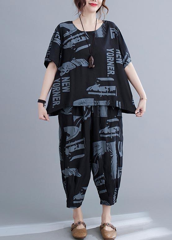 Plus Size Black Print crop pants Two Pieces Set Summer ( Limited Stock) - Omychic