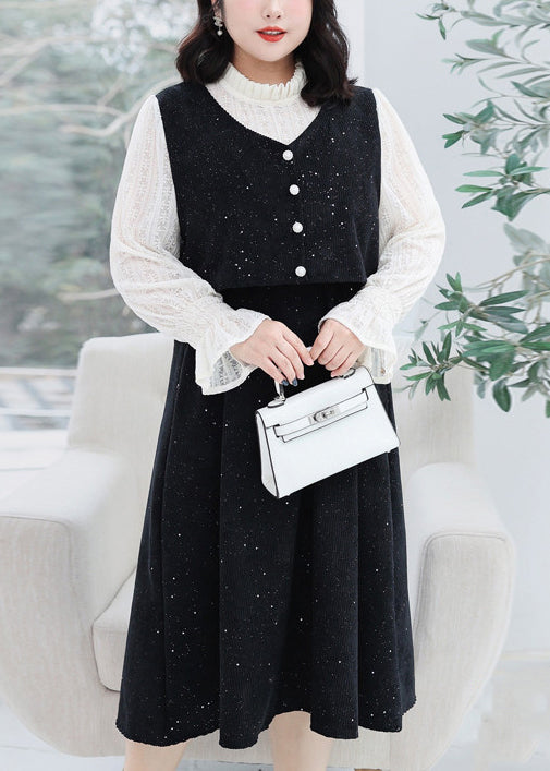 Plus Size Black Ruffled FalseTwo Pieces Corduroy Dresses Flare Sleeve