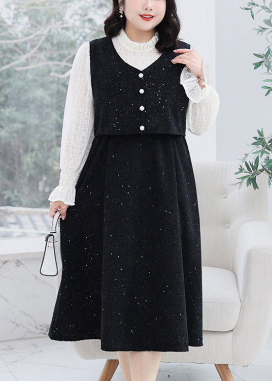 Plus Size Black Ruffled FalseTwo Pieces Corduroy Dresses Flare Sleeve