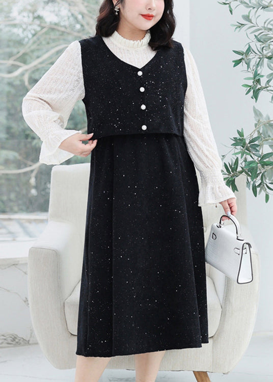 Plus Size Black Ruffled FalseTwo Pieces Corduroy Dresses Flare Sleeve