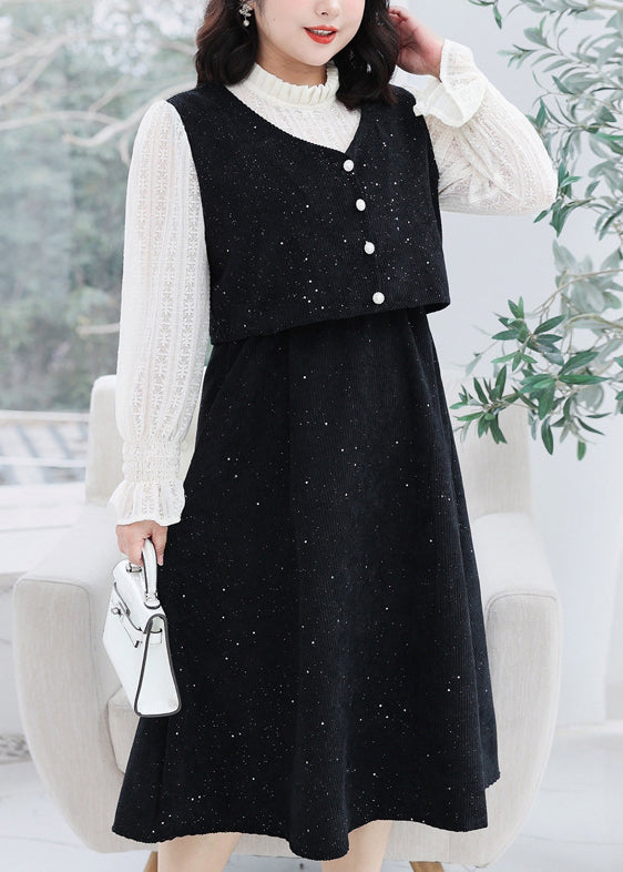 Plus Size Black Ruffled FalseTwo Pieces Corduroy Dresses Flare Sleeve