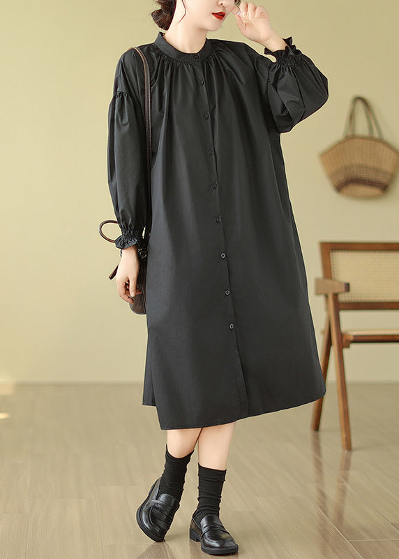 Plus Size Black Stand Collar Button Patchwork Cotton Shirts Dress Lantern Sleeve