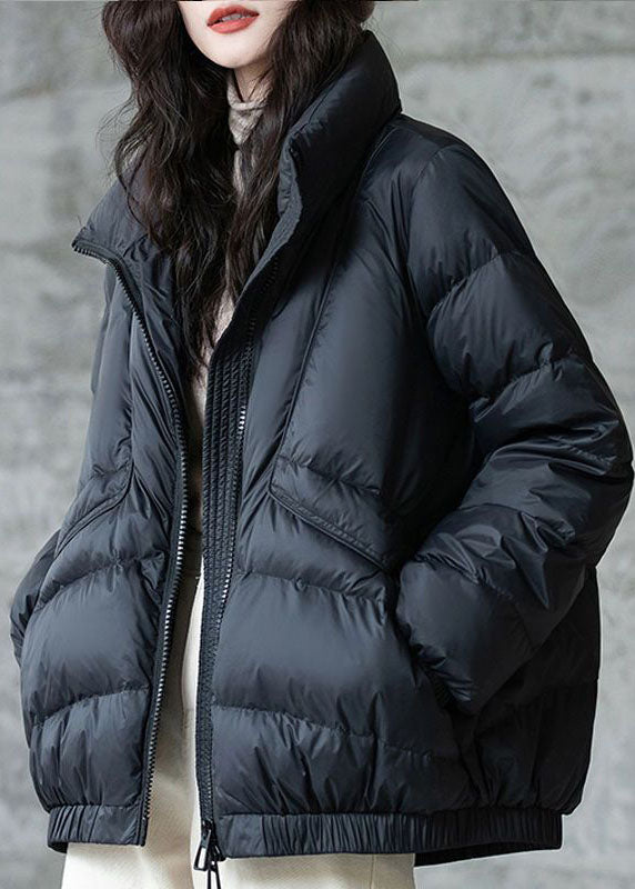 Plus Size Black Stand Collar Zip Up Thick Duck Down Winter Coats