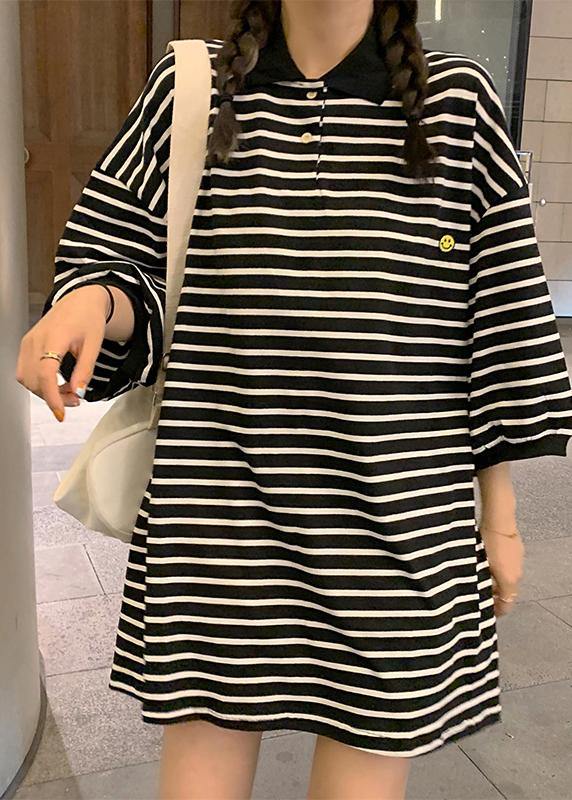 Plus Size Black Striped Cotton Peter Pan Collar Button Summer Mid Dress - Omychic