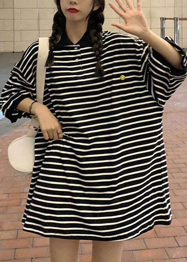 Plus Size Black Striped Cotton Peter Pan Collar Button Summer Mid Dress - Omychic