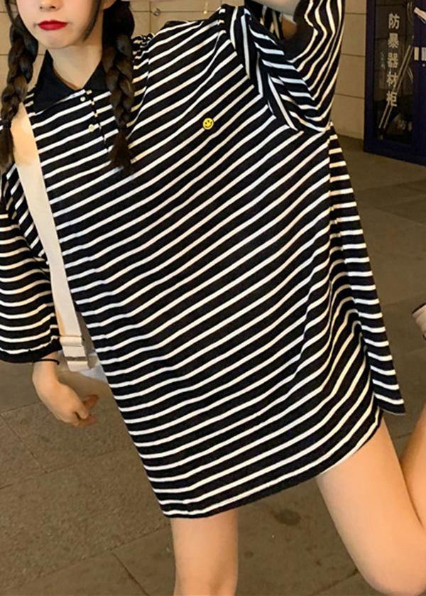 Plus Size Black Striped Cotton Peter Pan Collar Button Summer Mid Dress - Omychic