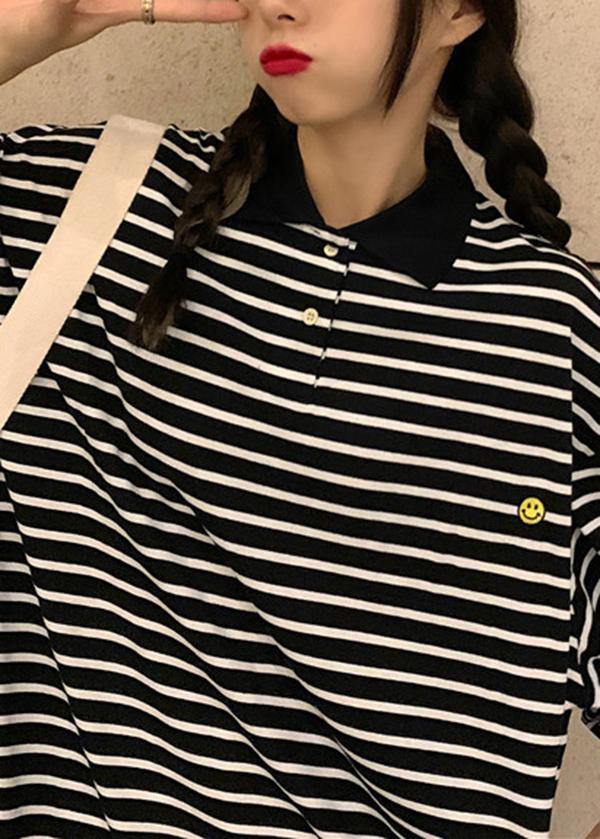 Plus Size Black Striped Cotton Peter Pan Collar Button Summer Mid Dress - Omychic