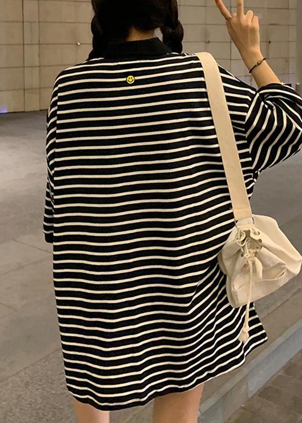 Plus Size Black Striped Cotton Peter Pan Collar Button Summer Mid Dress - Omychic