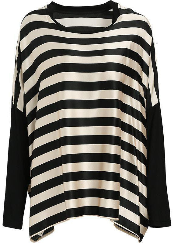 Plus Size Black Striped O-Neck Oversized Patchwork Silk Tops Batwing Sleeve
