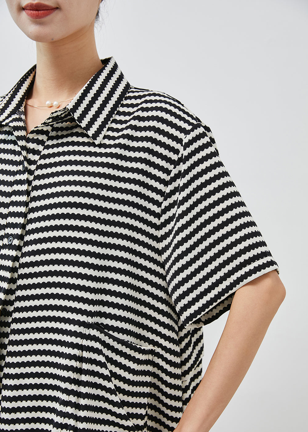 Plus Size Black Striped Patchwork Pockets Chiffon Blouse Tops Summer