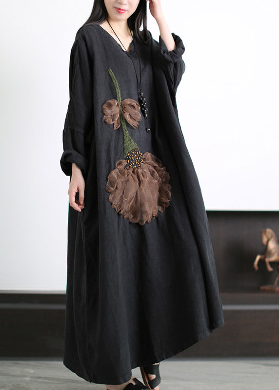 Plus Size Black V Neck Embroideried Floral Linen Dress Long Sleeve