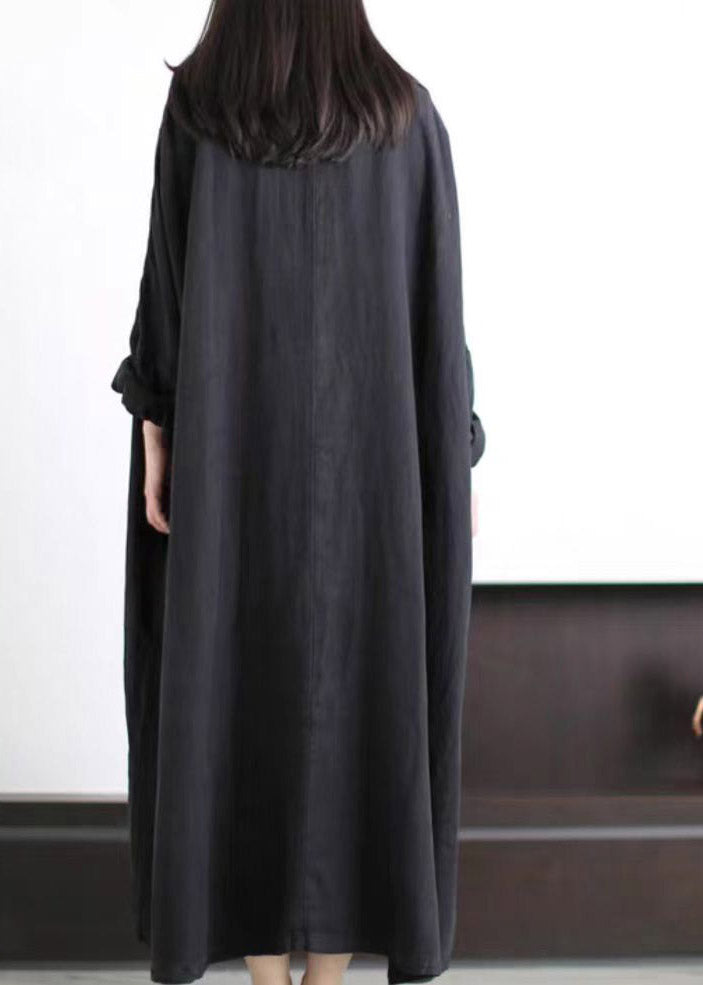 Plus Size Black V Neck Embroideried Floral Linen Dress Long Sleeve