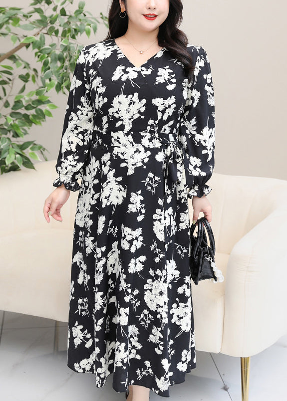 Plus Size Black V Neck Print Chiffon Maxi Dresses Flare Sleeve