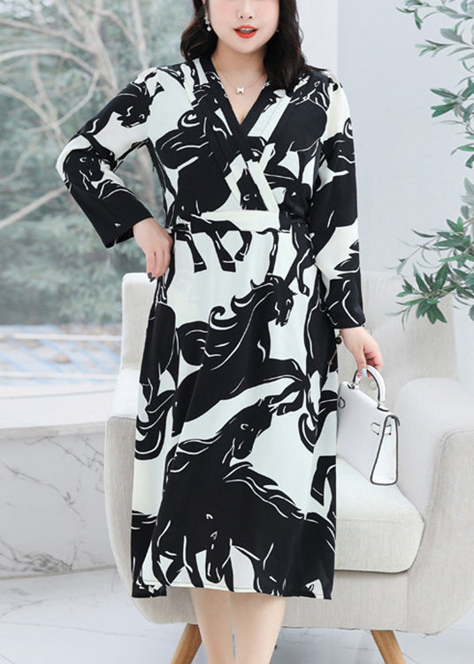 Plus Size Black V Neck Print Tie Waist Chiffon Dresses Fall