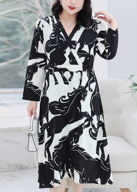 Plus Size Black V Neck Print Tie Waist Chiffon Dresses Fall