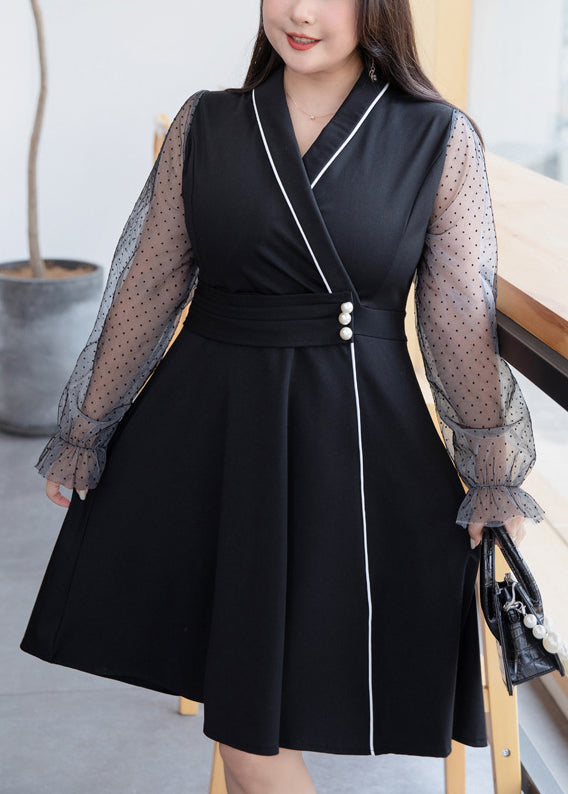 Plus Size Black V Neck Tulle Patchwork Mid Dress Flare Sleeve