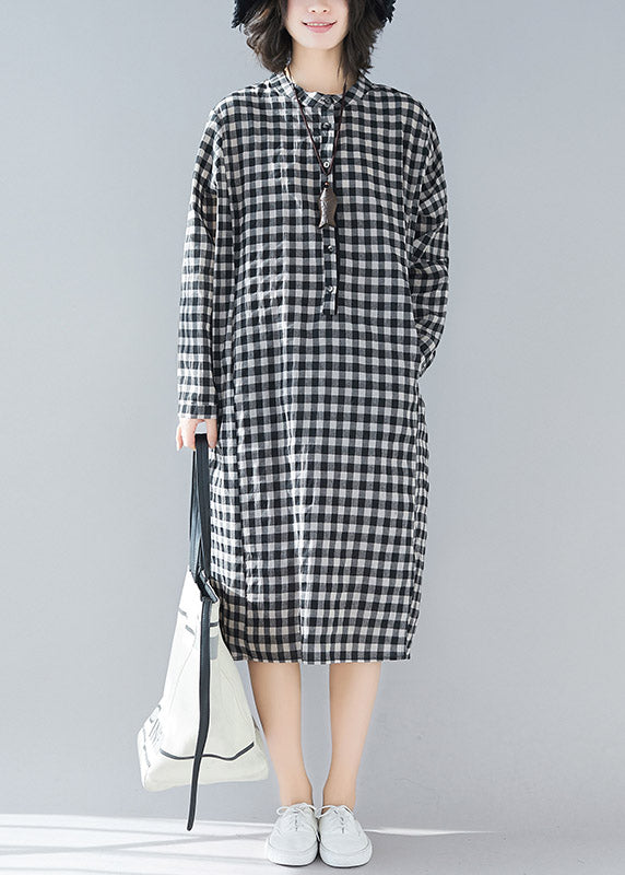 Plus Size Black White Plaid Stand Collar Pockets Side Open Linen Dresses Long Sleeve