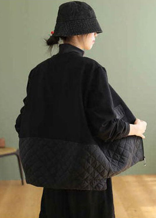 Plus Size Black Zip Up Patchwork Warm Fleece Jacket Spring