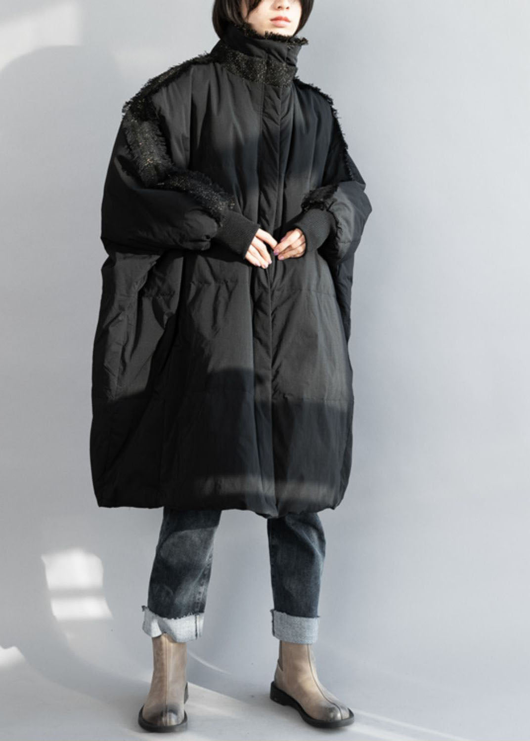 Plus Size Black Zip Up Tassel Oversized Duck Down Coat Winter