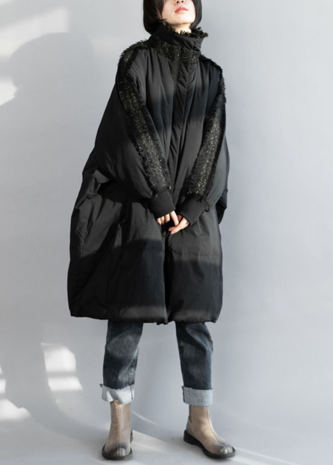 Plus Size Black Zip Up Tassel Oversized Duck Down Coat Winter