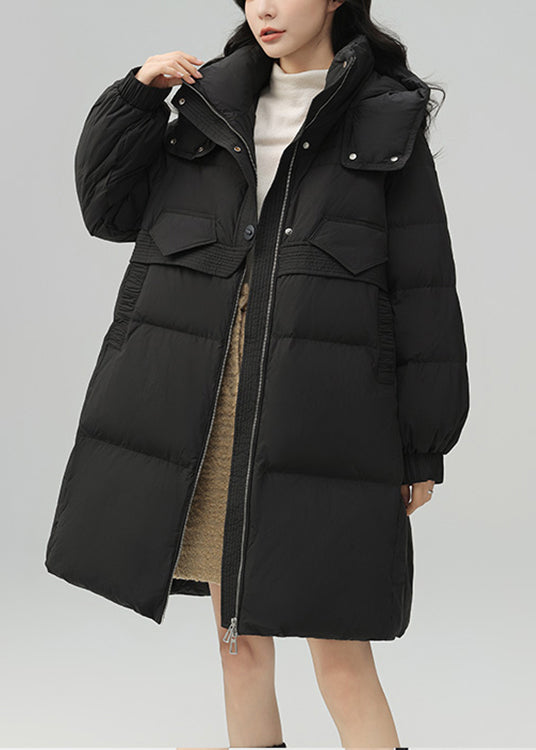 Plus Size Black Zippered Pockets Patchwork Duck Down Coat Winter