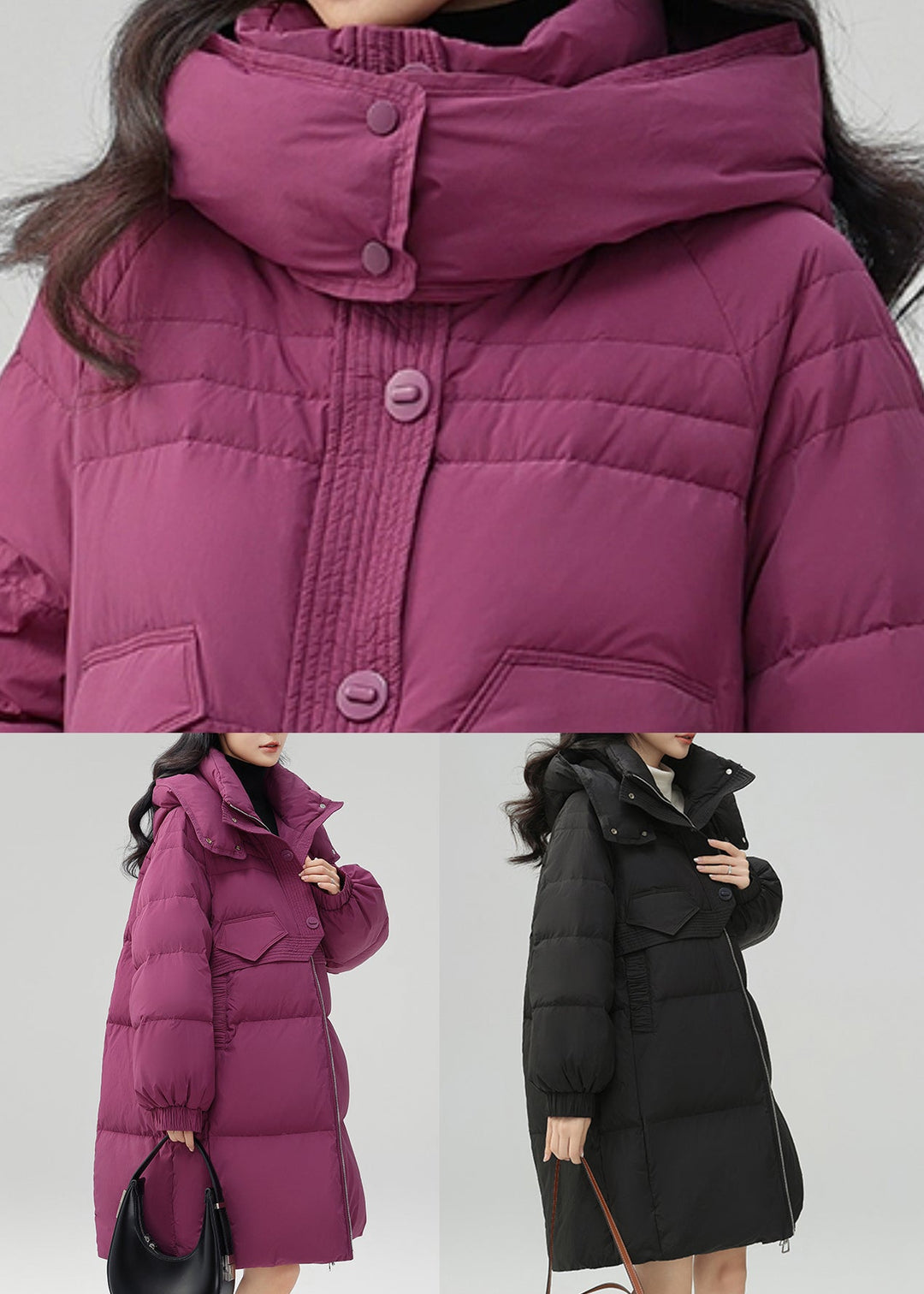 Plus Size Black Zippered Pockets Patchwork Duck Down Coat Winter