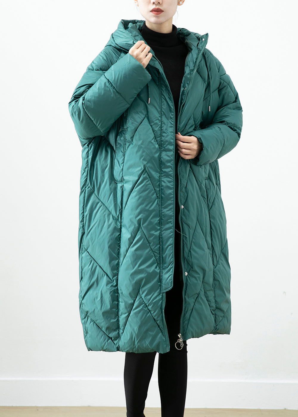 Plus Size Blackish Green Hooded Pockets Fine Cotton Filled Jacket In Winter