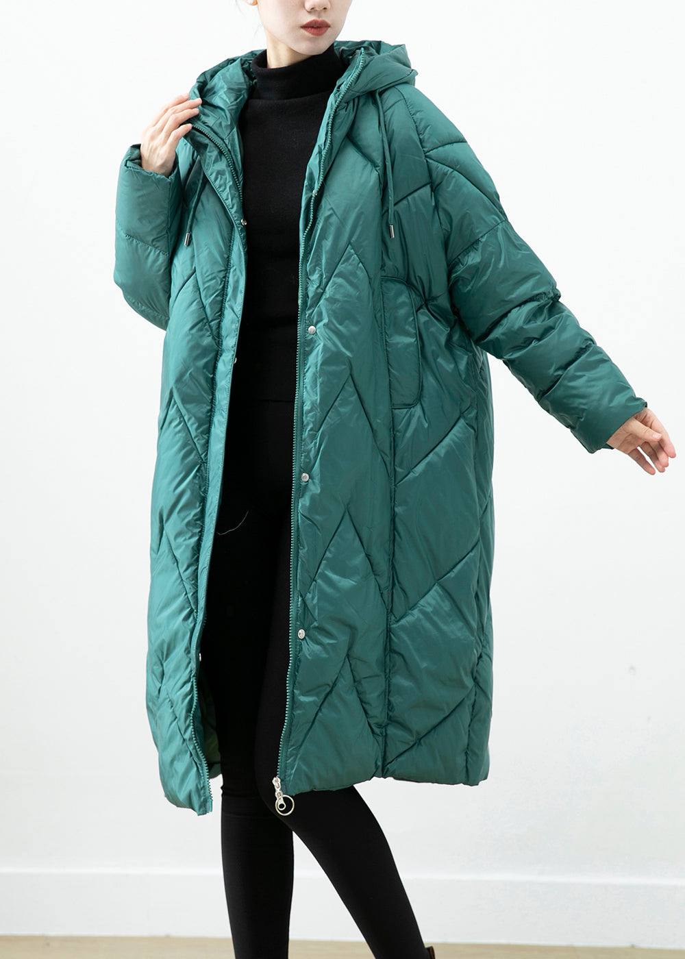 Plus Size Blackish Green Hooded Pockets Fine Cotton Filled Jacket In Winter