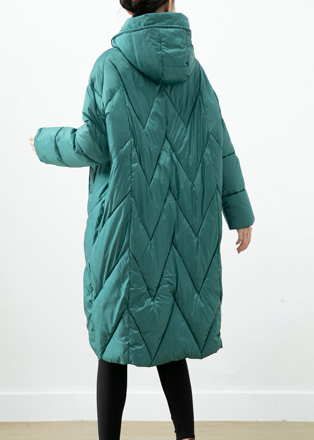 Plus Size Blackish Green Hooded Pockets Fine Cotton Filled Jacket In Winter