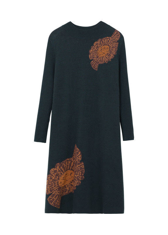 Plus Size Blackish Green Stand Collar Jacquard Long Knit Dress Winter