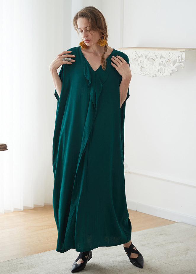 Plus Size Blackish Green V Neck Pockets Patchwork Cotton Maxi Dress Summer