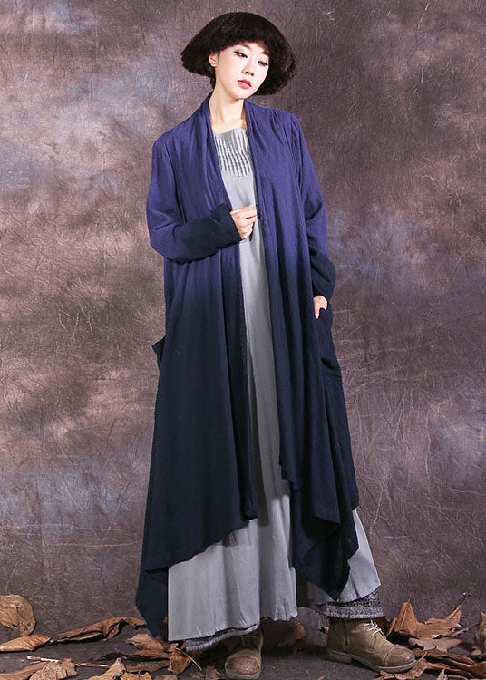 Plus Size Blue Asymmetrical Gradient color Cotton Spring wrap coat - Omychic