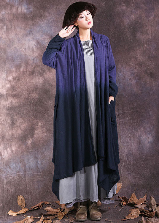 Plus Size Blue Asymmetrical Gradient color Cotton Spring wrap coat - Omychic