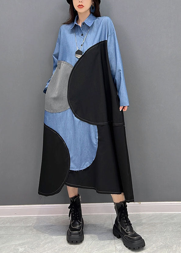 Plus Size Blue Black Patchwork Asymmetrical Design Cotton Loose Dress Fall