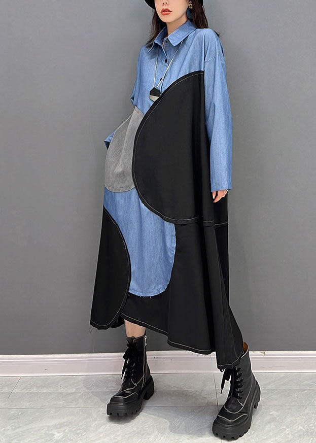 Plus Size Blue Black Patchwork Asymmetrical Design Cotton Loose Dress Fall