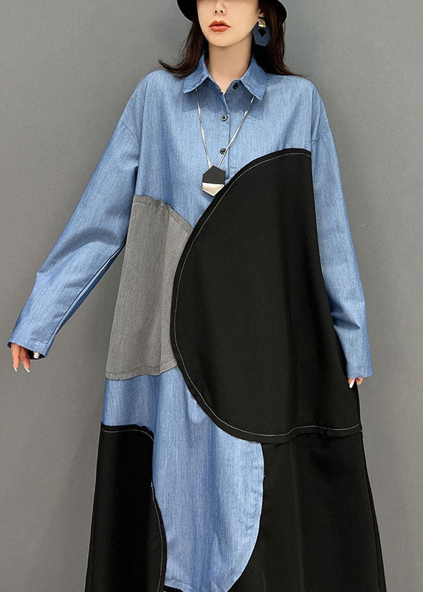 Plus Size Blue Black Patchwork Asymmetrical Design Cotton Loose Dress Fall