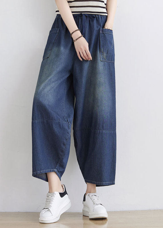 Plus Size Blue Elastic Waist Patchwork Cotton Denim Pants Spring