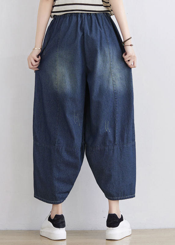 Plus Size Blue Elastic Waist Patchwork Cotton Denim Pants Spring